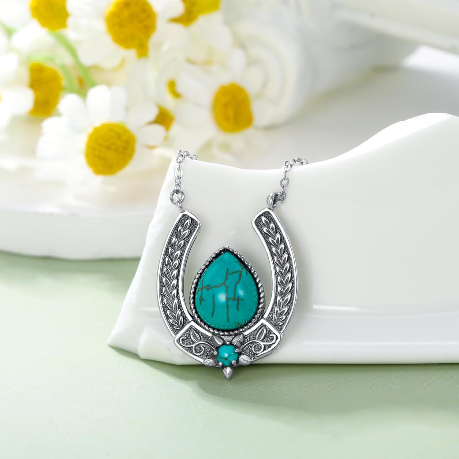 Western Gift Vintage Horseshoe with Natural Turquoise Necklace 925 Sterling Silver Horseshoe Necklace with 18+2 inch Chain for Cowgirl Women (Gift Box) - Image 3