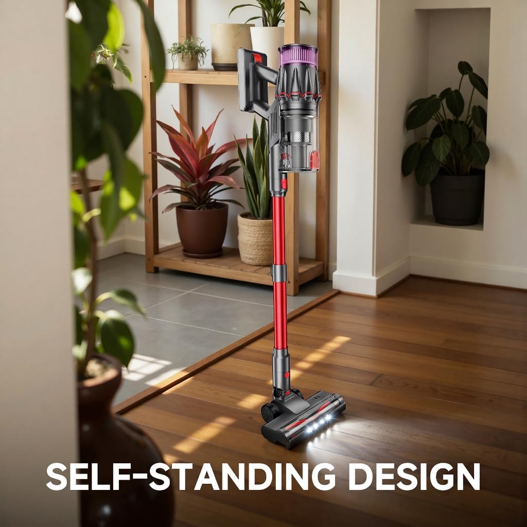 Cordless Vacuum Cleaner, Self-Standing Stick Vacuum with Smart LED Display, Powerful Suction Rechargeable Vacuum for Pet Hair & Hardwood Floors, Lightweight Battery Powered Vacuum for Home & Dorm-RED