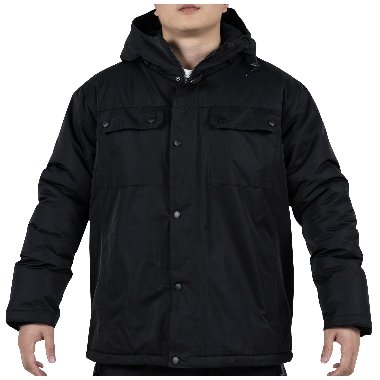 Men's Winter Work Jacket with Teflon Fabric Protector,Fleece Lined Thermal Insulated Black Hooded Coat