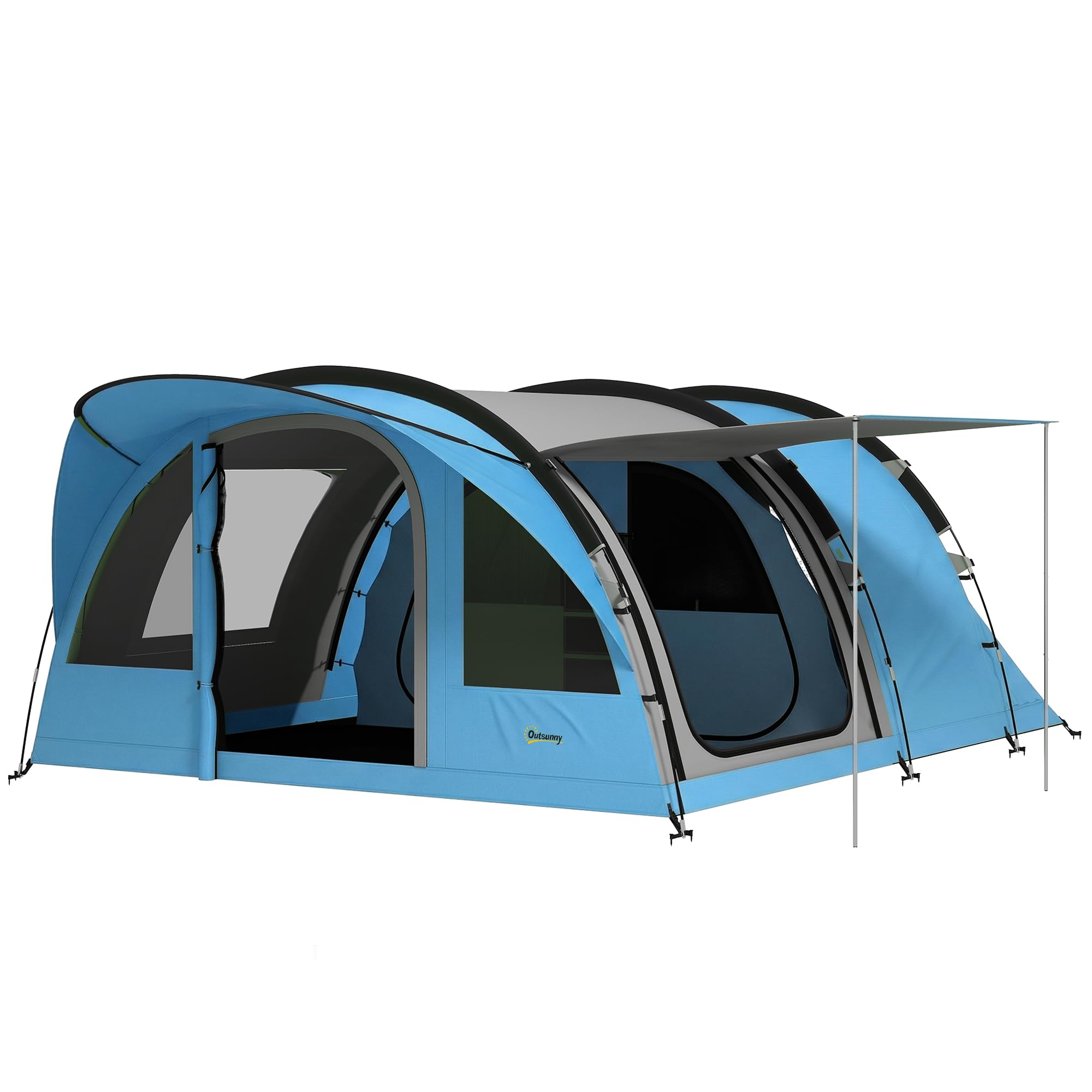 Outsunny 4 Person Easy Setup Family Camping Tent, 2 Rooms, Sky Blue & Grey