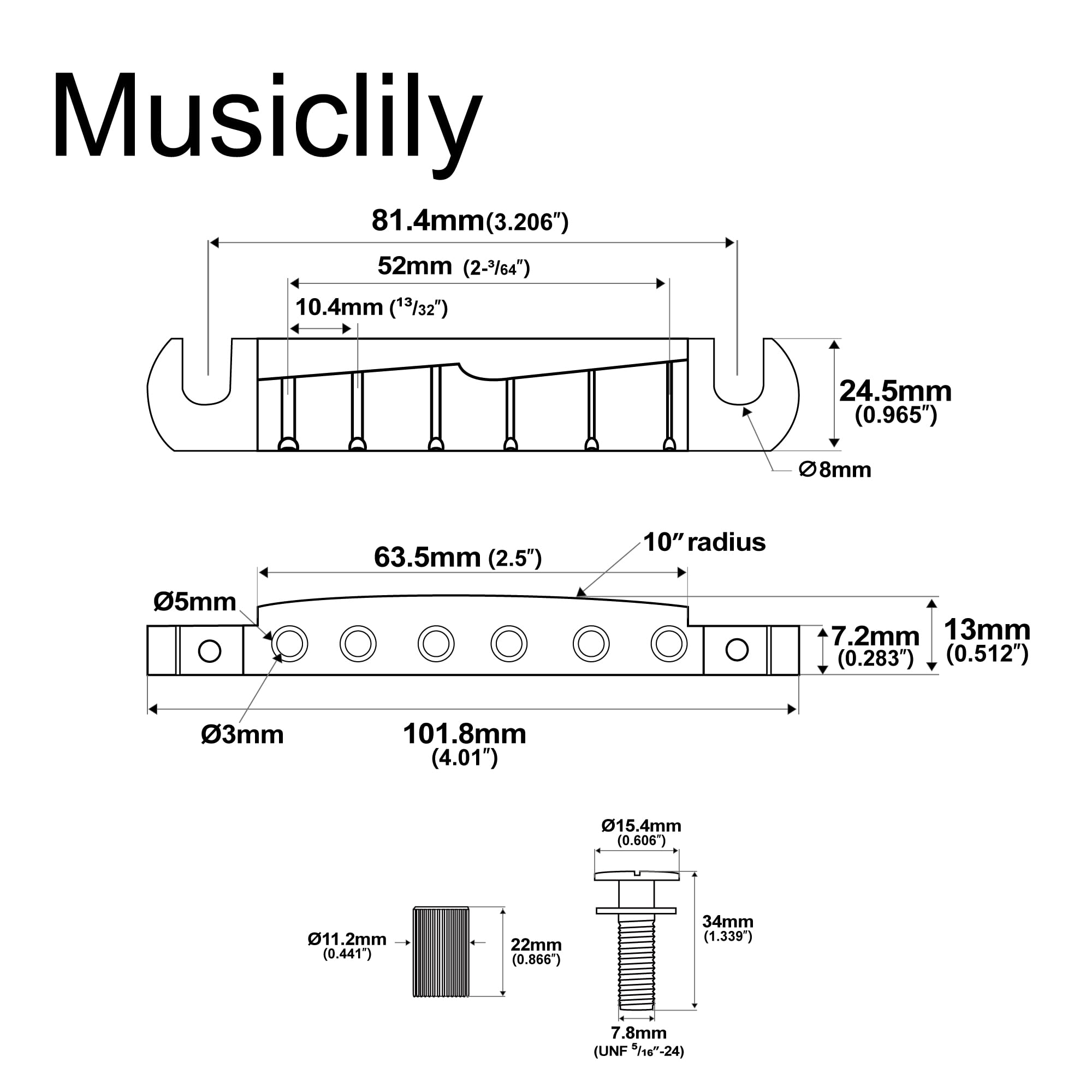 Musiclily Ultra 52mm Aluminium Intonacja Mostek Wraparound do Gitary Elektrycznej Stylu USA, Chrom