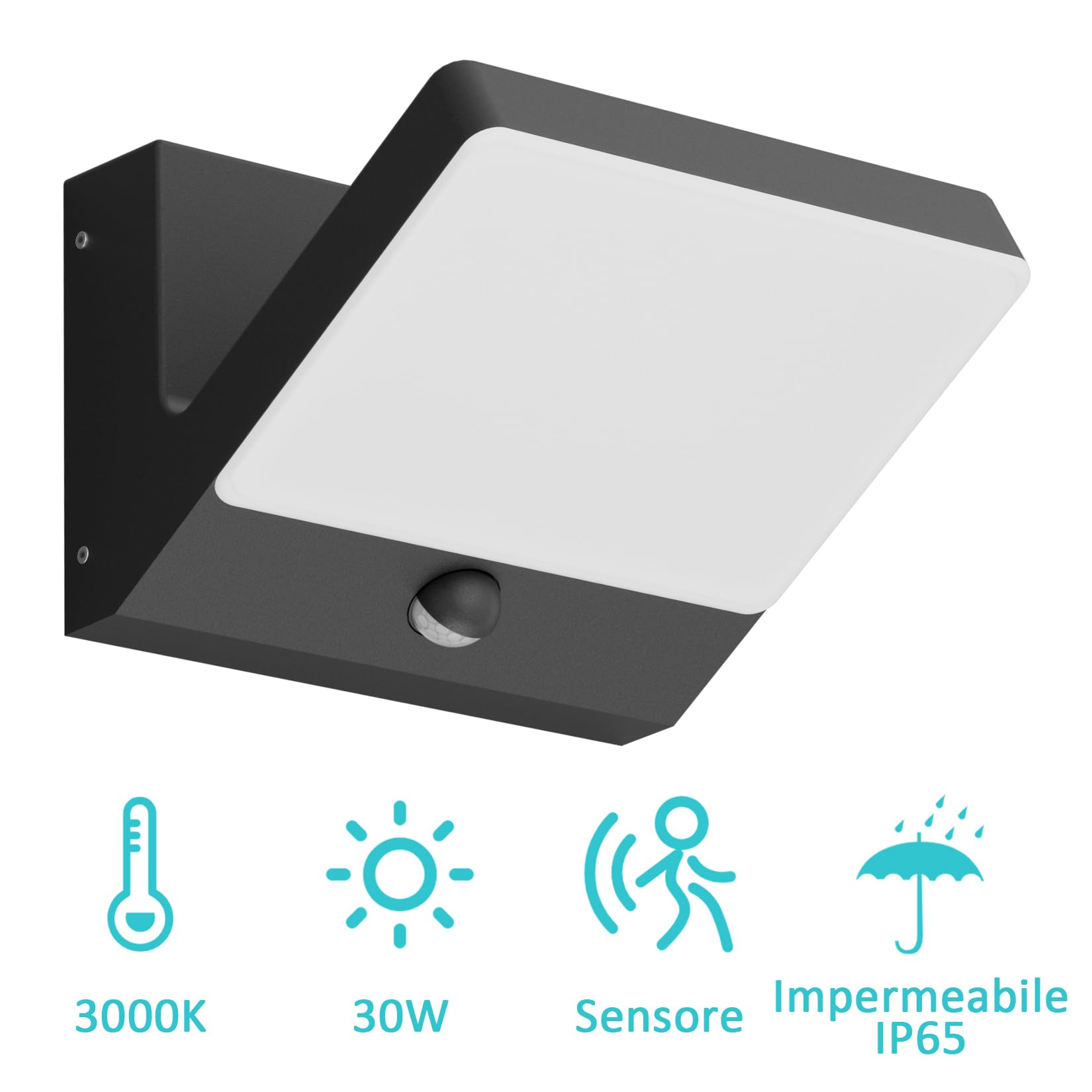 30W Applique da esterno con Sensore di Movimento,Nero,3000K