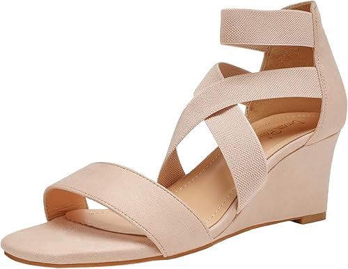 Dream Pairs - Sandalias de tacón de cuña bajo con correa elástica de tobillo para mujer