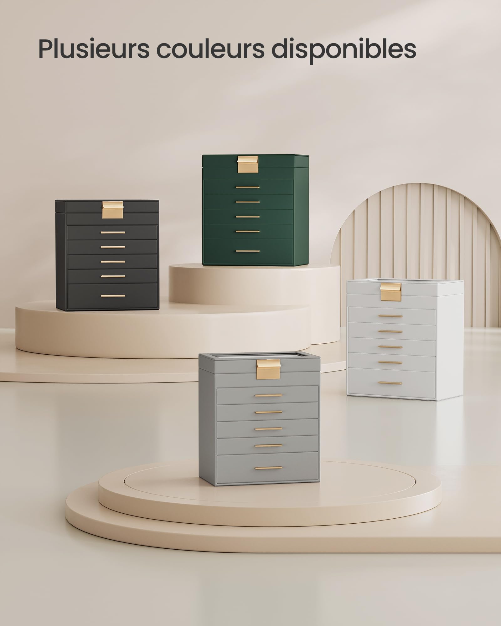 SONGMICS Boîte à Bijoux, Écrin à Accessoires 6 Niveaux, Coffre de Rangement, Couvercle en Verre, 5 Tiroirs, pour Lunettes de Soleil, Rangement pour Bijoux, Moderne, Gris Tourterelle et Doré JBC171G01