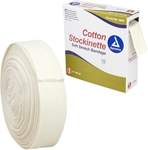 Dynarex Stockinette de algodón, 2" x 25 yardas, no estéril y sin látex, vendaje tubular para prevenir la irritación de la piel y arrugas fundidas,