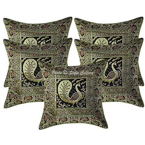 Image of Decorative Brocade Cushion Covers 16 Inch x 16 Inch Banarasi Jacquard Black & Gold Peacock Drawing Room Decor Traditional Square 40x40 cm Zippered Sofa Settee Pillowcases -Set of 5 Pcs