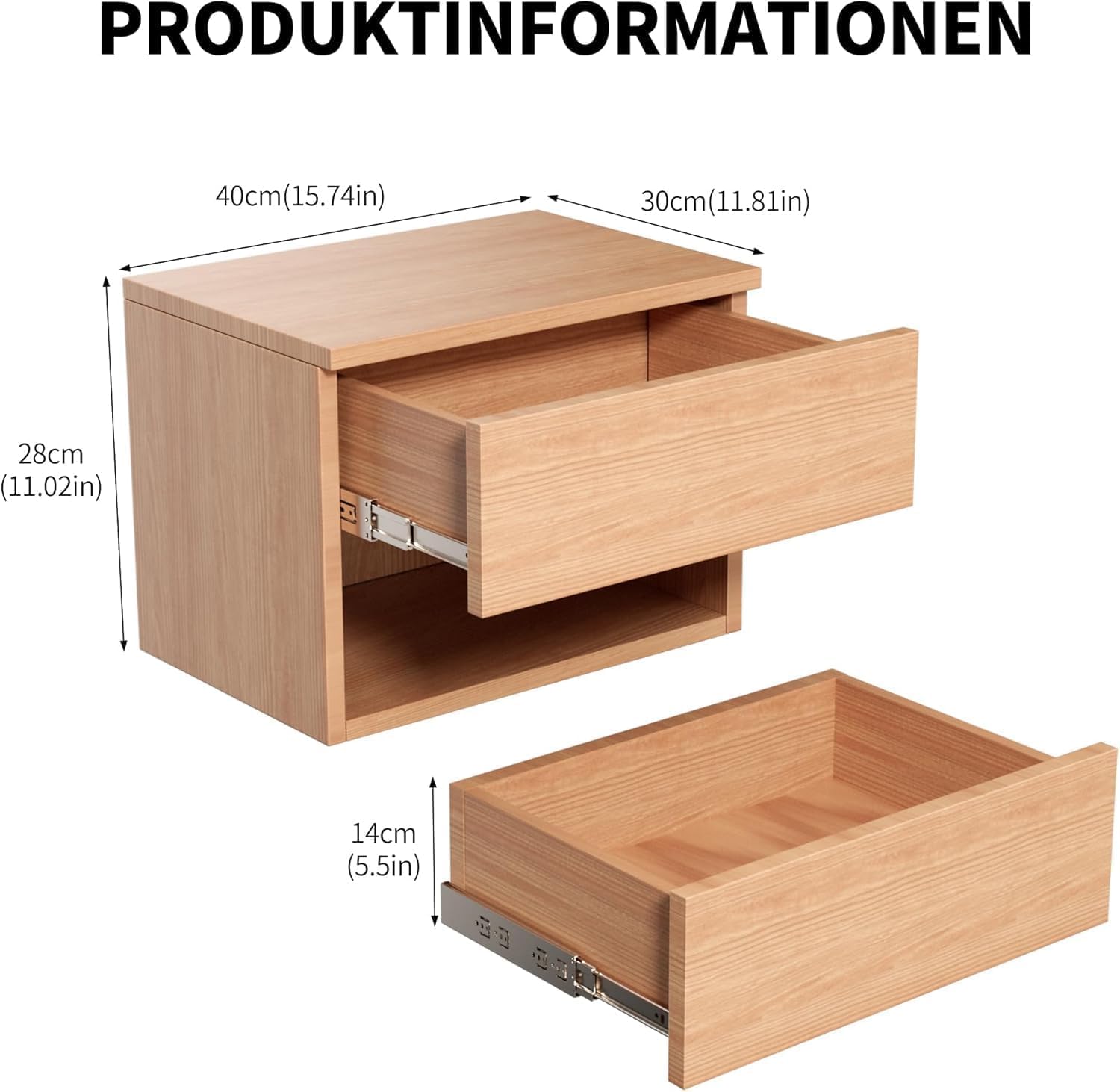 Kiseely Nachttisch hängende, Schwebender Nachtschrank mit Schubladen und viel Stauraum, hölzerner Nachttisch Regal, Beistelltisch Holz moderner für Schlafzimmer (Buche TY3, 2 Packs)