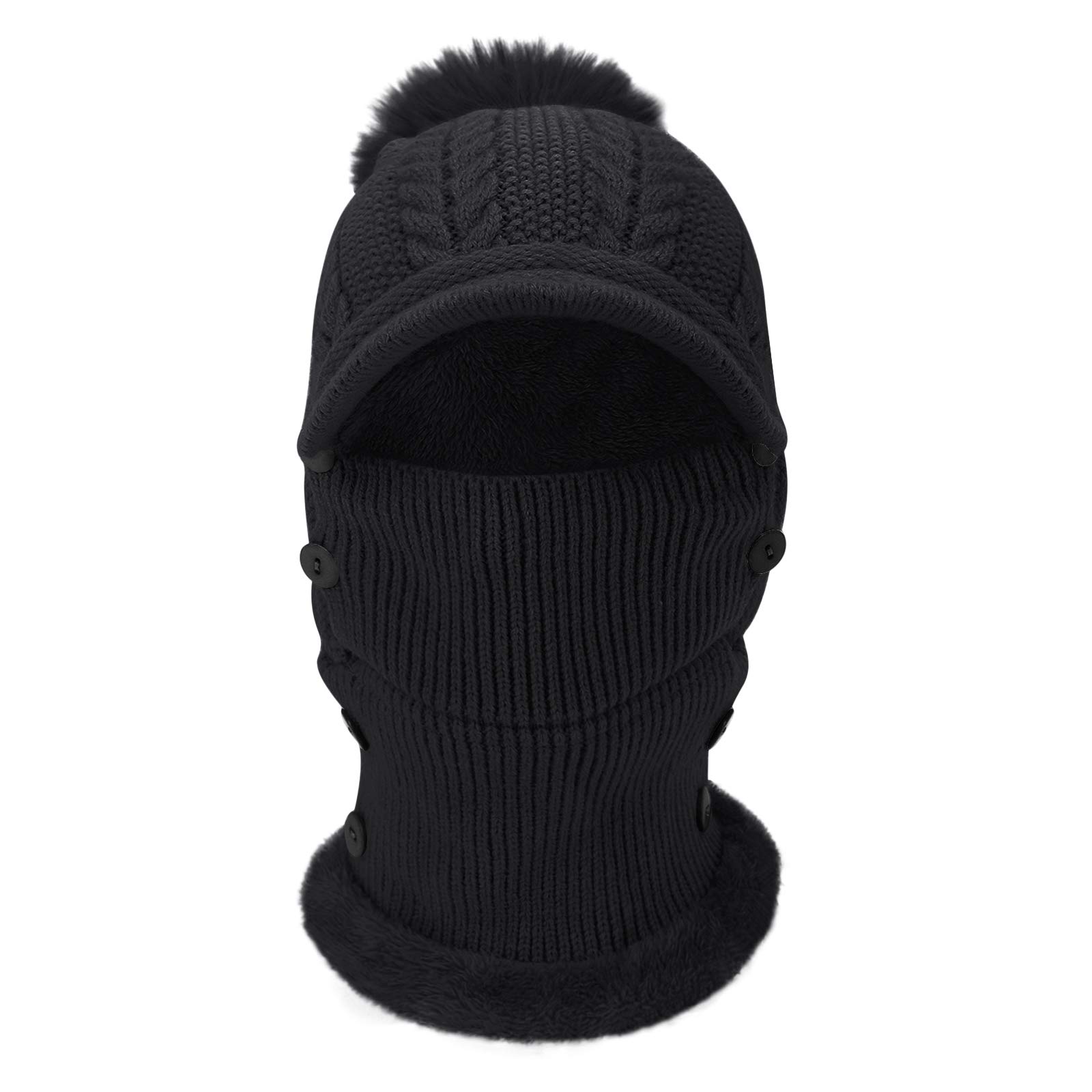 Gorra de protección para los oídos de las mujeres con ala de una pieza Fleece Beanie Sombreros Bufanda Máscara de invierno cálido Sombrero de punto (negro)