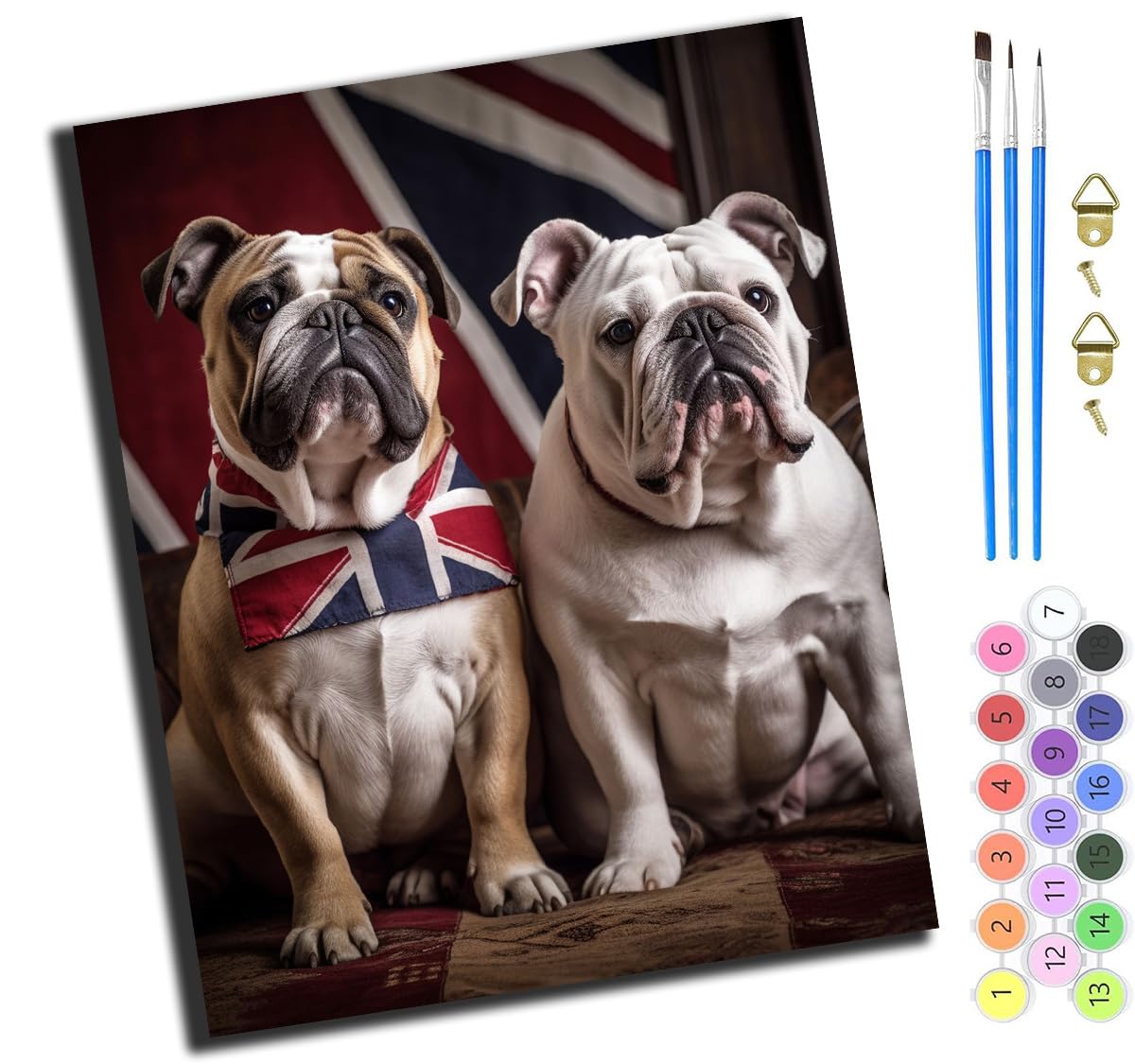 XIAOYOUQIAN British Flag and Bulldog,Paint By Number for Adults,DIY Oil Painting Kits with Brushes and Acrylic Pigment,Canvas Painting Decor Gifts，16 X 20 Inch，-Frameless