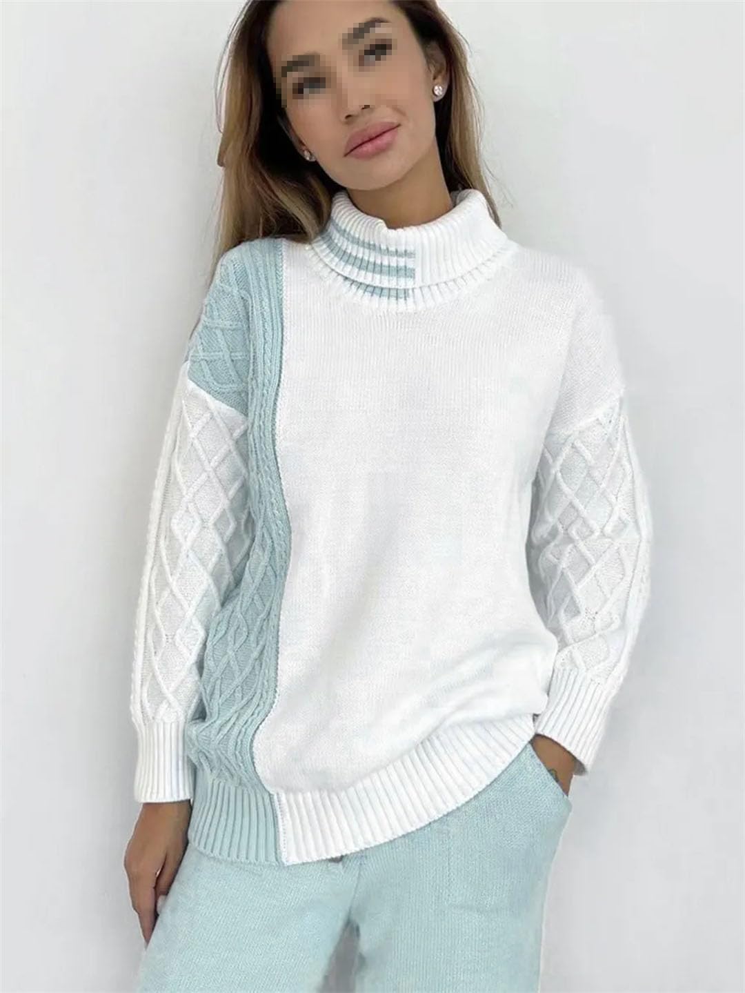 Maglione da donna a collo alto, lavorato a maglia, a maniche lunghe, casual, top larghi