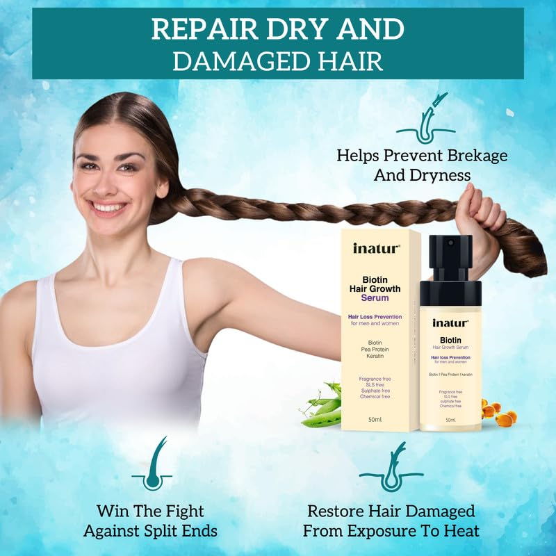 Image of inatur Biotin Hair Growth Serum for Women & Men | Hair Strengthening Treatment with Wheat Protein, Keratin, Rosemary Extract | For Thin Hair, Hair fall, Volume & Shine | Non-Sticky |50ml