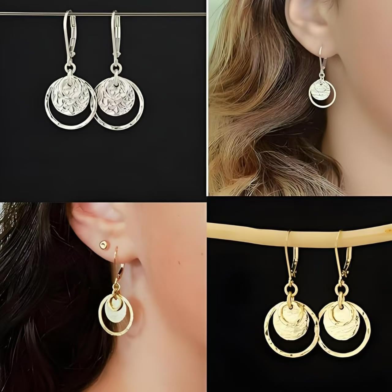 Hypoallergenic Bohemian Disc Leverback Dangle Earrings for Women - Gold/Silver Two-Tone Circle Flat Hammer Pattern Fashion Jewelry Gifts Hammered Drop Earrings - Image 4