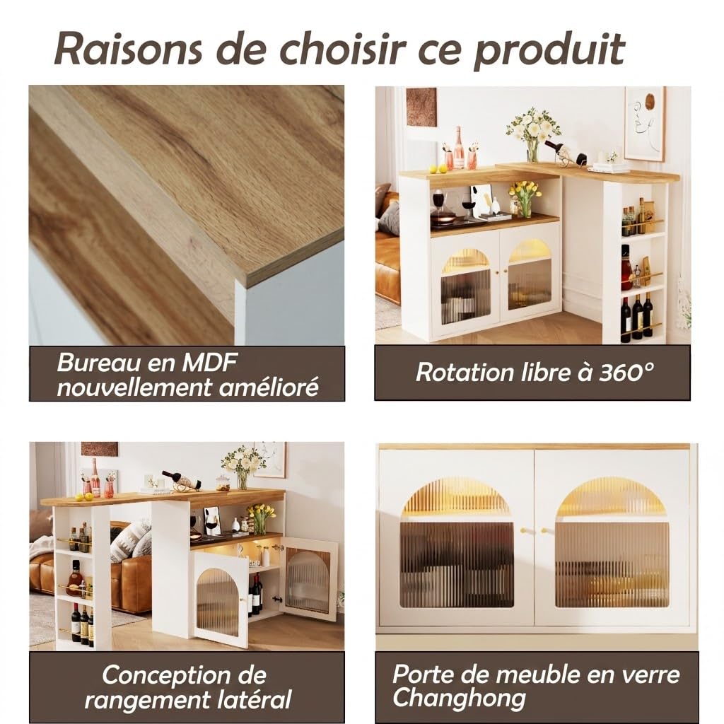 Îlot Central Cuisine avec Plan de Travail Extensible 138-193 cm, Table de Bar Moderne avec Rangement, Bistrot Pivotant à 360°, avec Bande LED 1m (Couleur Réglable), pour Salle à Manger, Blanc