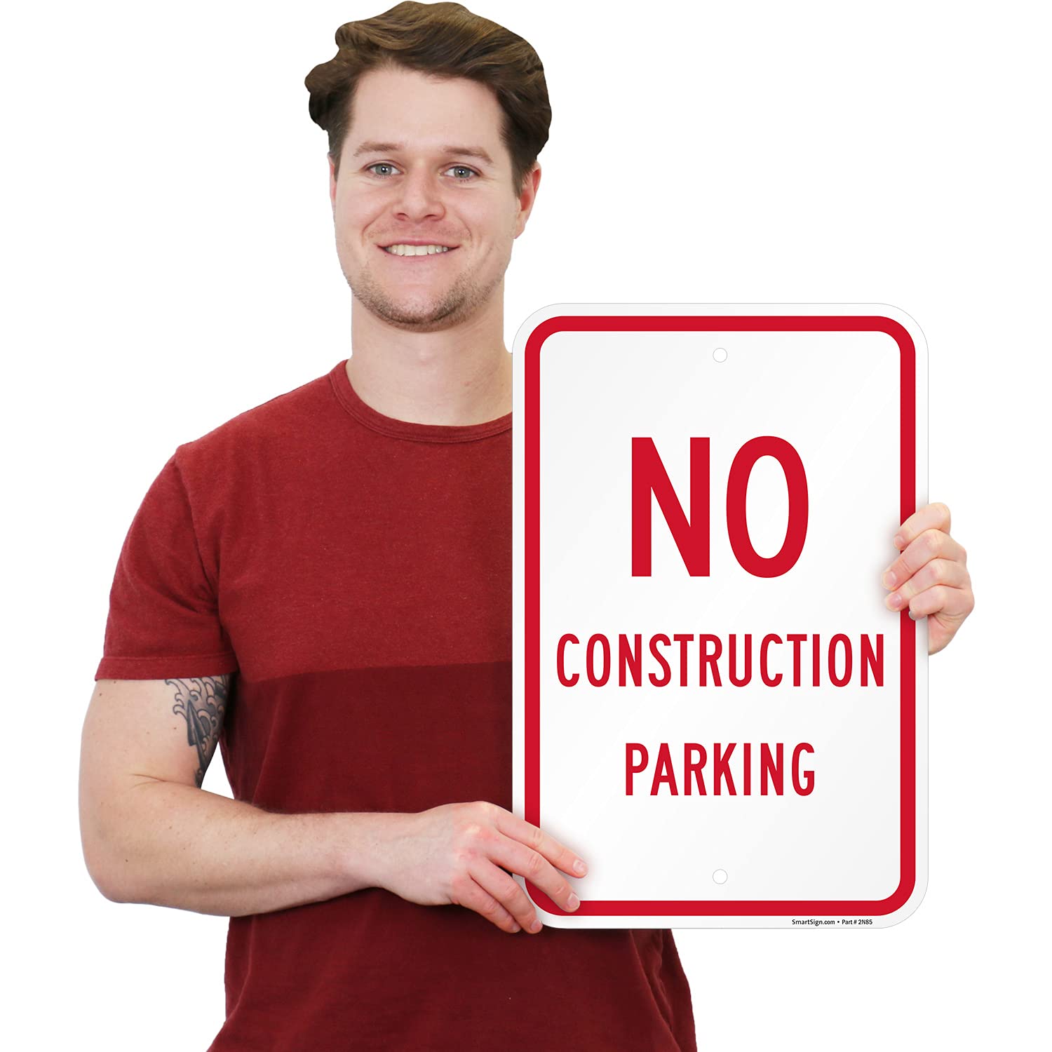 SmartSign 18 x 12 inch “No Construction Parking” Metal Sign, Screen Printed, 63 mil Laminated Rustproof Aluminum, Red and White, Made in USA