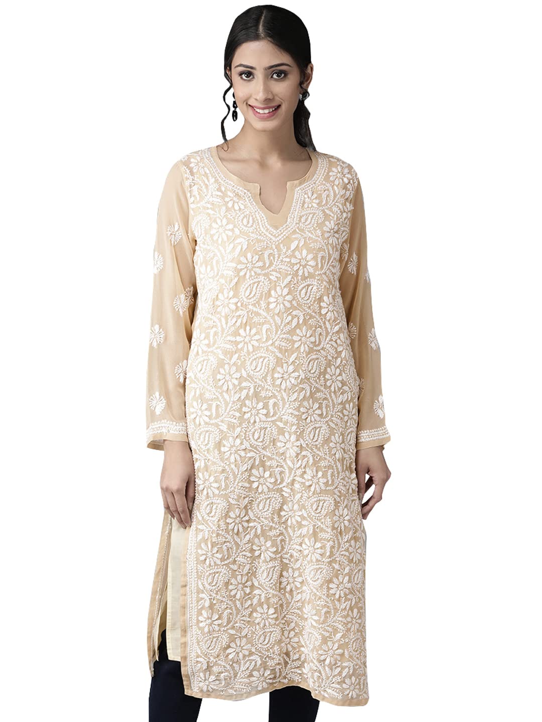AdaWomen's Georgette Kurta Kurti with Camisole Hand Embroidered Indian Chikankari Ladies Tunic A100345