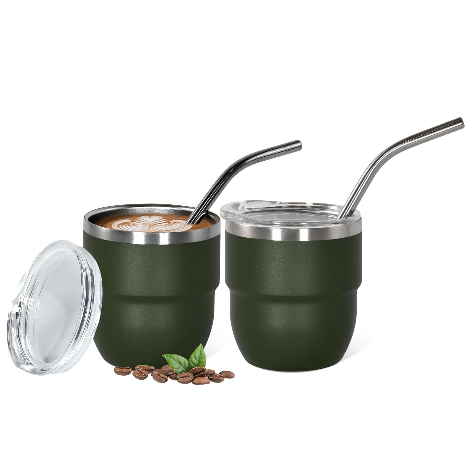 4oz Stackable Cup, Vacuum Insulated Espresso Cup Set of 2, Espresso Shot Glass for Coffee, Double Wall Stainless Steel Mini Tumbler Shot Glasses with Straw and Lid