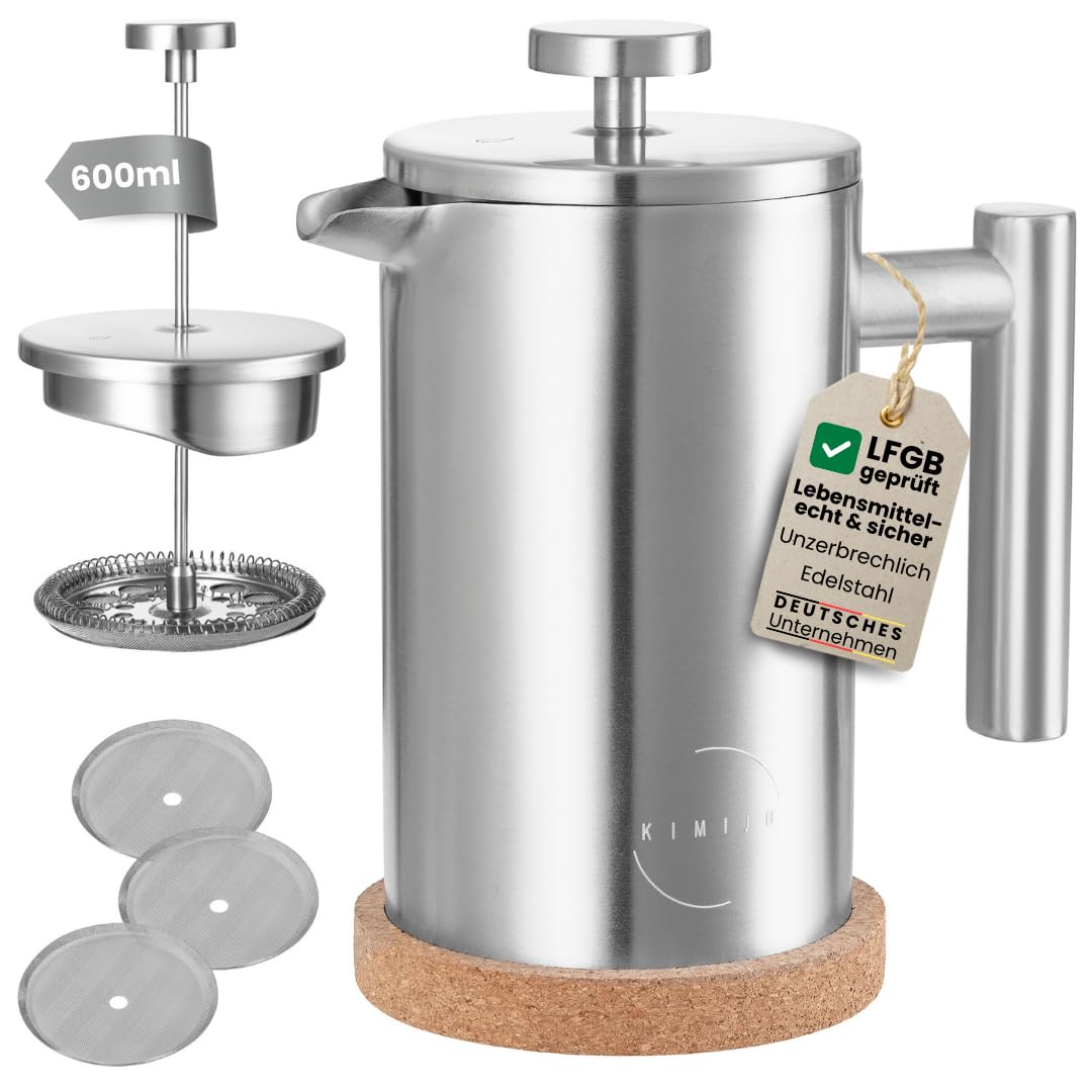 KIMIJO French Press Edelstahl 600ml I Thermo Kaffeebereiter isoliert I Doppelwandig incl. 3 Ersatzfilter & Korkuntersetzer I Spülmaschinenfest I Stempelkanne matt gebürstet