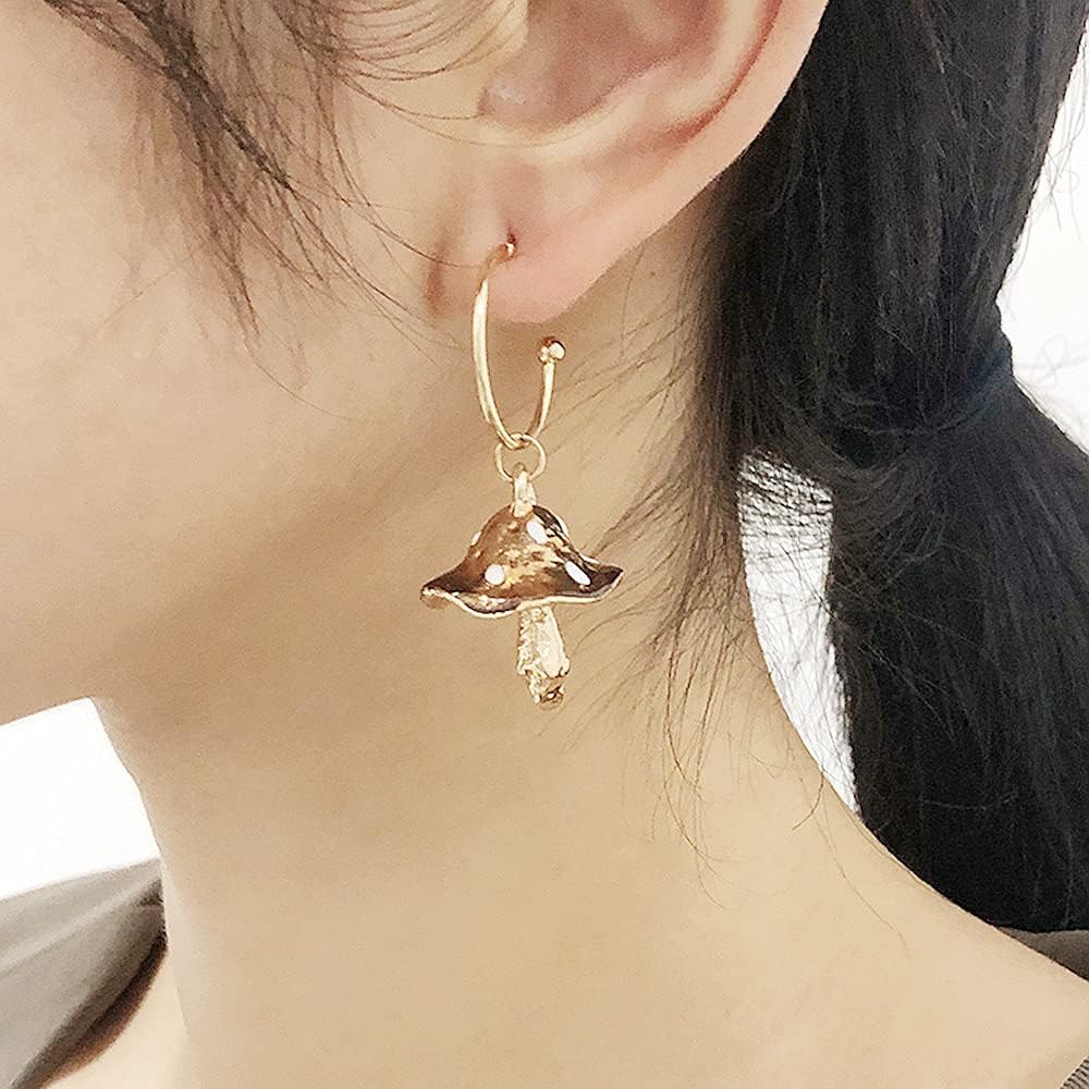 Cute Mushroom Dangle Earrings for Women Girls Gold Plated Enamel Food Half Hoop Dangling Stud Lifelike Creative Earring Birthday Party Handmade Y2K Jewelry - Image 2