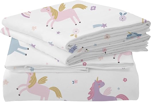 MUSOLEI Unicorn Fitted Sheet Set Full Unicorn Bedding Girls Rainbow Star Sheet Pink Flower Bedding Set Unicorns Girl Bed Sheets 1 Fitted Sheet with 2 Pillowcases Multi-Colour Full