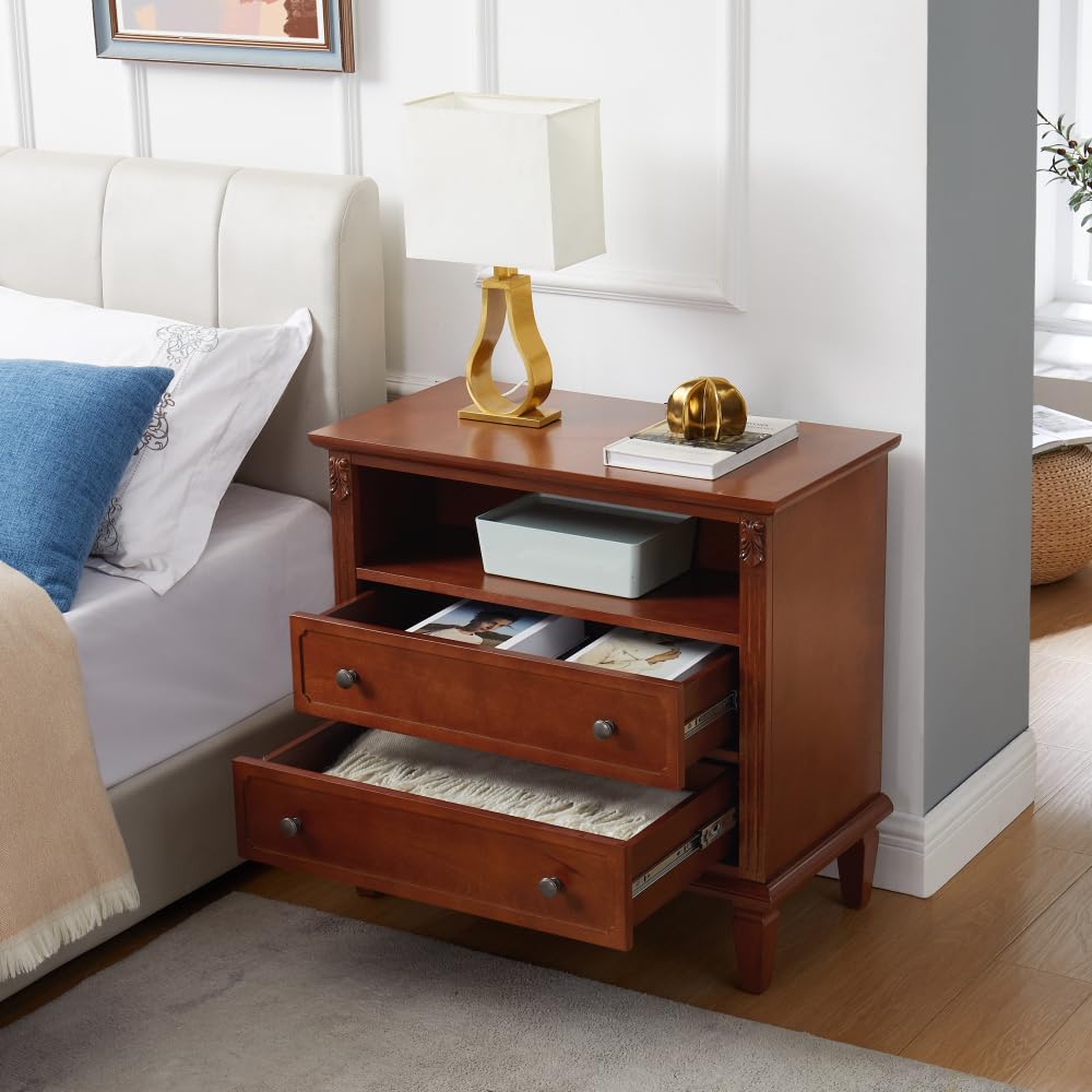 Dresser Nightstand with 2 Drawers & Open Storage, Charging Station with USB Ports & Outlets, Mid-Century Modern Side Table with Solid Wood Legs, Farmhouse Night Stand for Bedroom (Walnut)