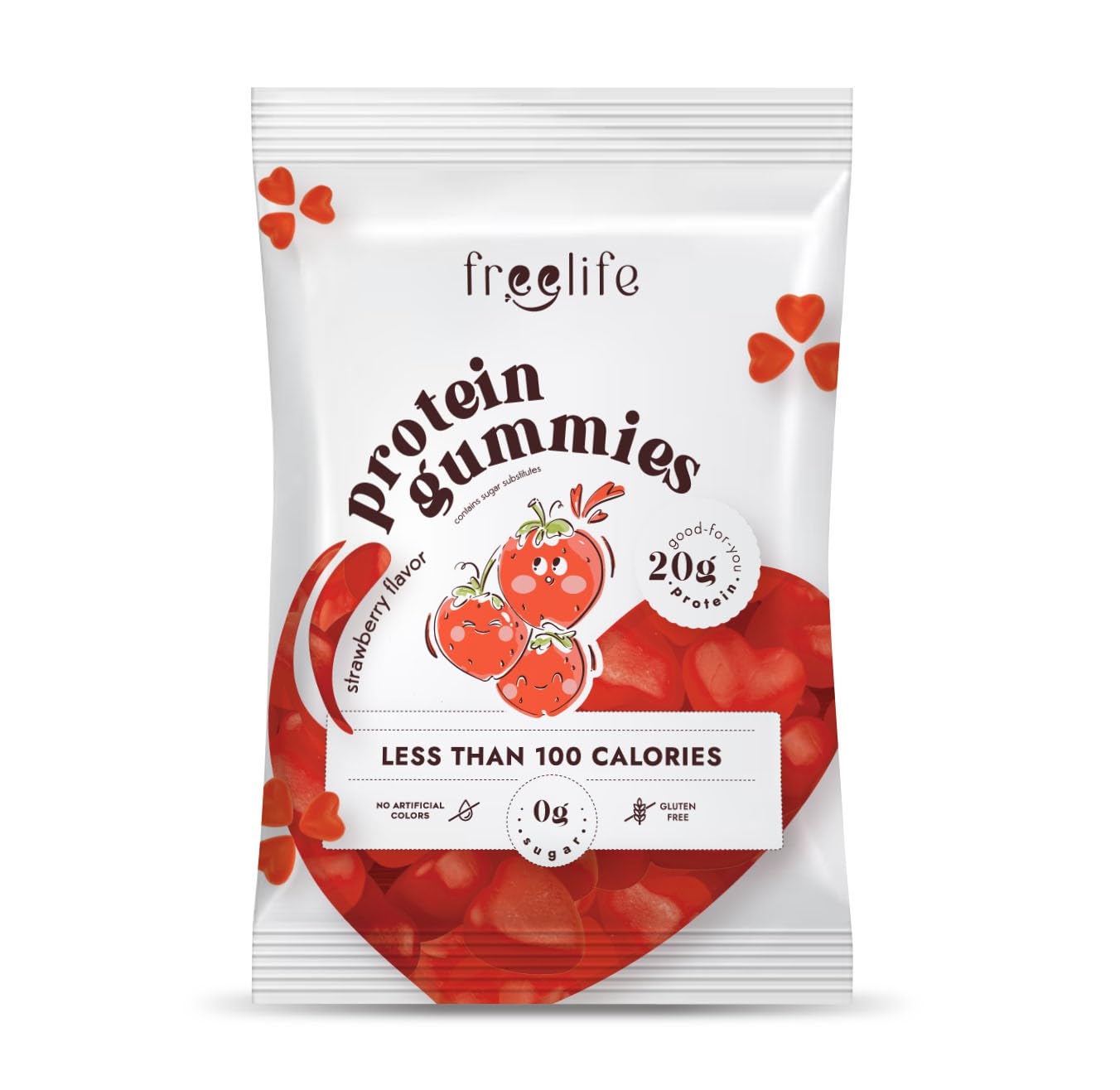 Free Life Strawberry Gummies, High Protein 20g - Gluten Free, Zero Sugar, Low Carb 4.5g, Snack, 32g Pack