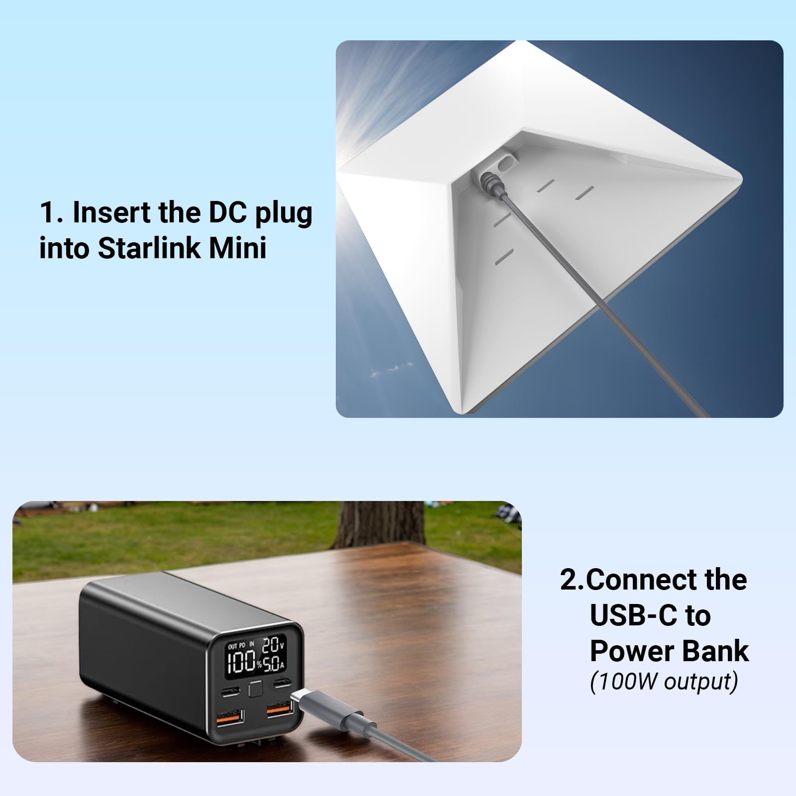 Cable de alimentación Starlink Mini USB C a CC de 5 m, entrada tipo C de 100 W a mini cable impermeable Starlink, con lazo de gestión de cables