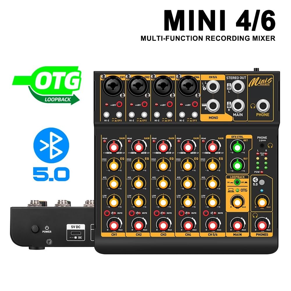 Mesa Mezclas DJ, 2 uds Mini 6 mezclador de Audio de 6 canales consola DJ con Bluetooth 5,0 OTG Reverb(Mini 6)