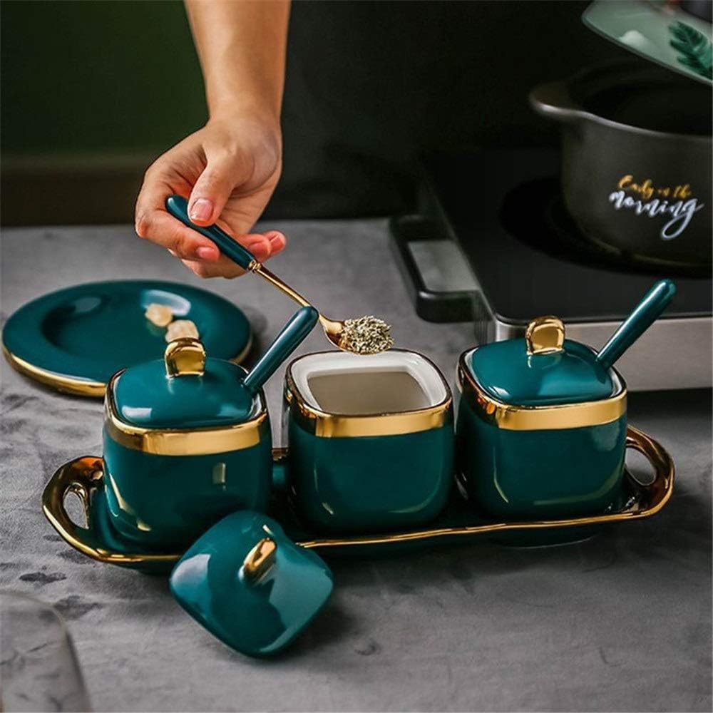 Glass Spice Box Set Sugar Bowl Kitchen Dispenser Salt Container With Lid Spoon Seasoning Box Green Ceramic Spice Jar Used To Store Spices (Color : Green Size : One size)