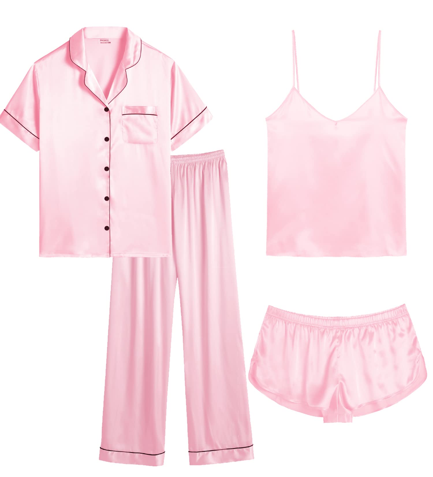 SWOMOG Women Plus Size Pajama Set 4pcs Silk Satin Sleepwear Button Down Pjs Cami Shorts Set Loose Loungewear 16W-26W Pink