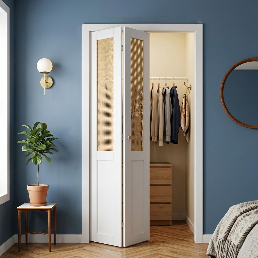 Bifold Door, for 30"x 80" Opening,Rattan Weave Pre-drilled Folding Closet Door with Hardware Kit