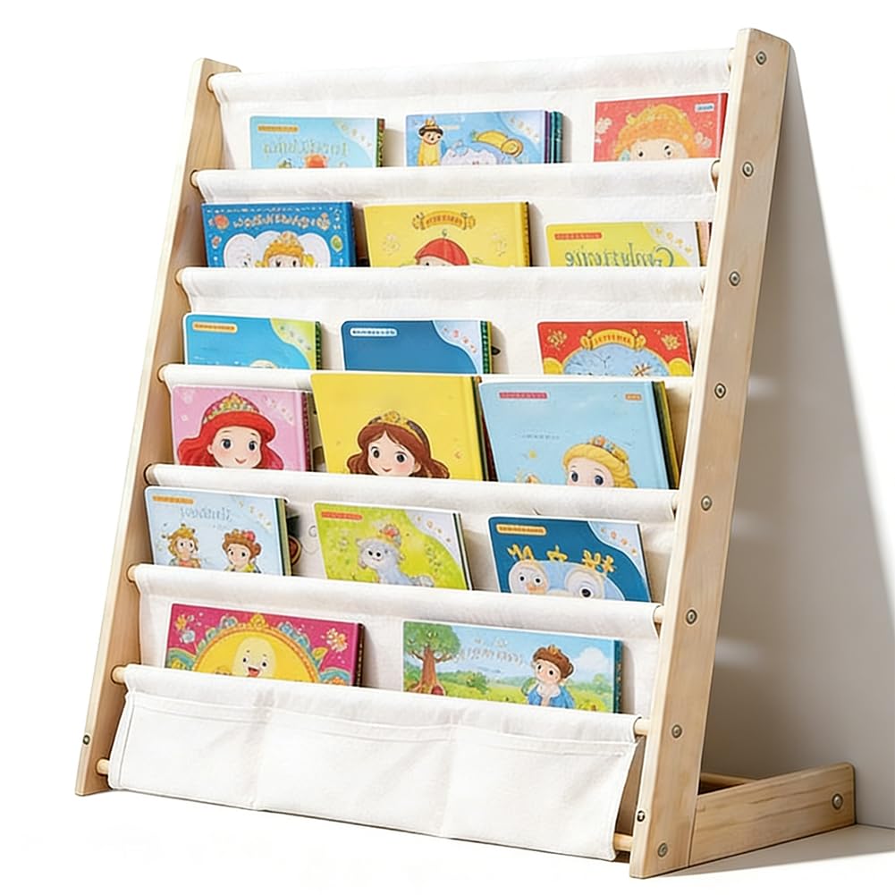 Kinder-Bücherregal 6 Ebenen, Montessori Kinderregal mit Tasche, Kinderregal für Buchaufbewahrung mit Kippsicherung, Bücherregal für Kinder, Wandregal Kinderzimmer für Kinderzimmer und Spielzimmer