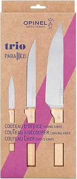 OPINEL Parallele Trio Set of 3 Kitchen Knives - Chef, Carving, Paring Knife Trio Box Set, High Carbon Stainless Steel Blades, Sustainably Sourced Wood Handles, Made in France Beechwood