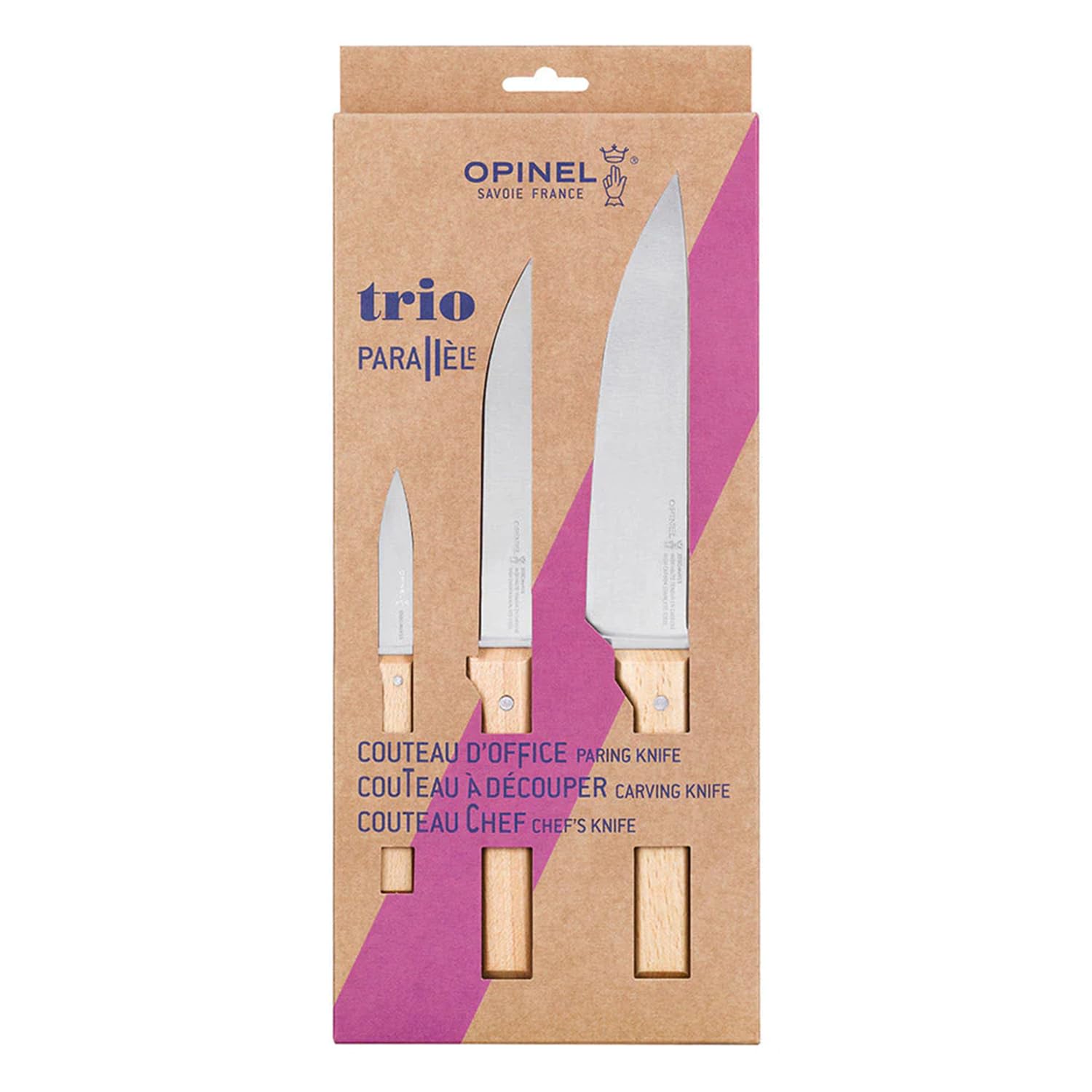 Opinel - Coffret Trio Parallèle, 1 Couteau de Chef N°118, 1 Couteau à Découper N°120 , 1 Couteau d'Office N°126 - Acier Inox, Bois de Hêtre - Garantie à Vie