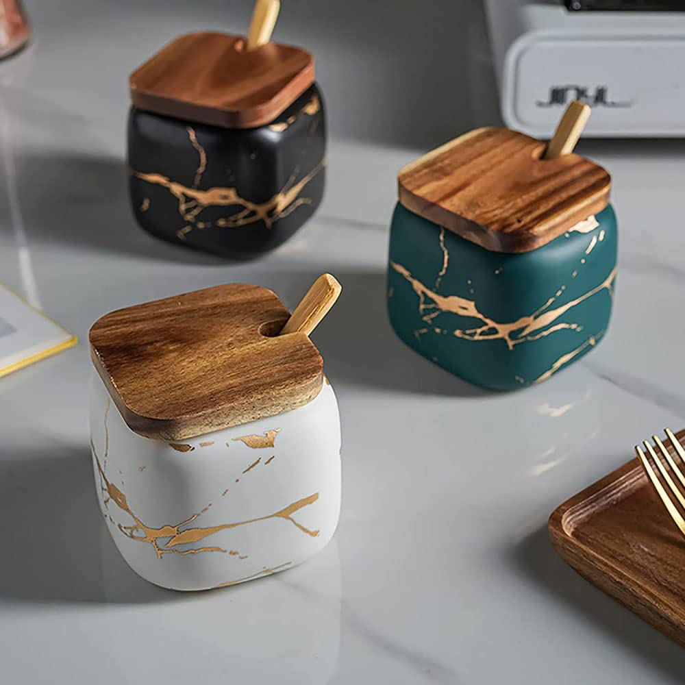LPY Lot de 3 Pots à épices en céramique, Pot à épices de Cuisine en marbre Mat, Pot en céramique avec Couvercle, cuillère et Plateau, Parfait pour la Cuisine-White