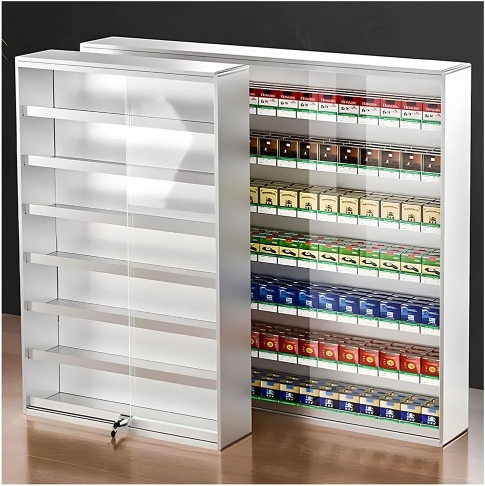 Zfmnoyev Wall Mounted Cigarette Holder Divider, Aluminum Alloy Cigarette Storage Shelf, Sliding Acrylic Door with Lock Cigarette Display Cabinet, for Store Counter Retail(80x6.7x60cm)