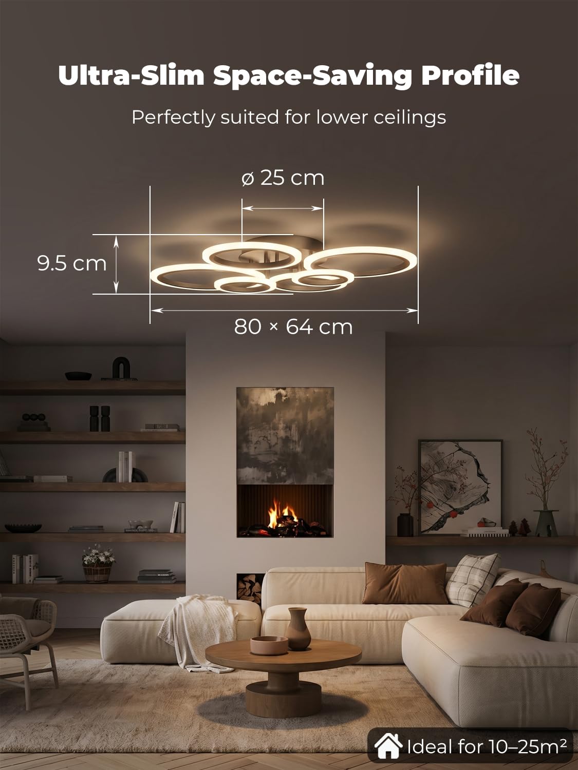 Inteligentna lampa sufitowa LED, współpracuje z Alexa i Google Home, ściemniana z regulowaną temperaturą barwową (3000 K-6500 K), nowoczesny design z 6 pierścieniami do salonu, sypialni, czarna