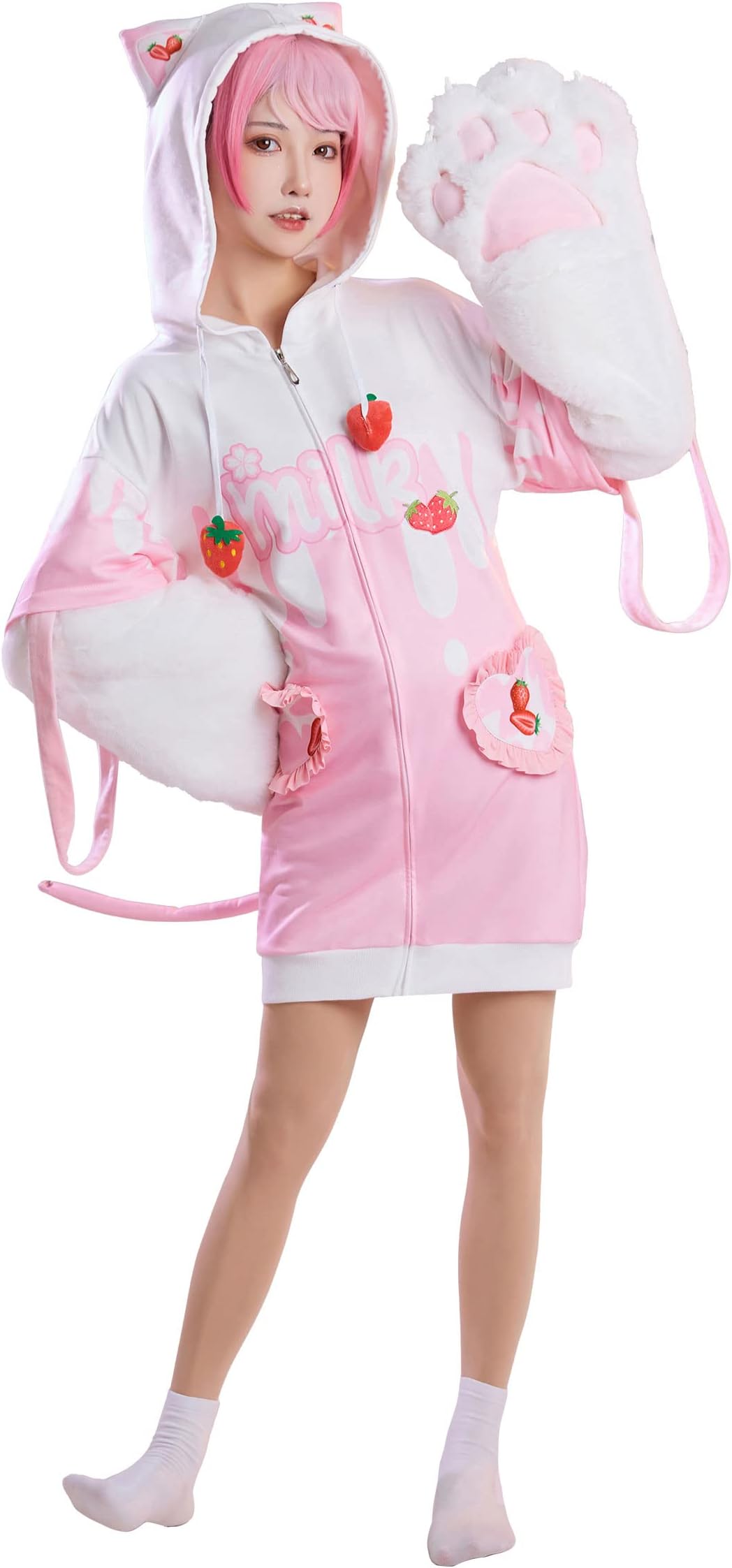 Womens Girls Strawberry Milk Cat Onesie Pajamas Plush One Piece Cosplay Cat Costume