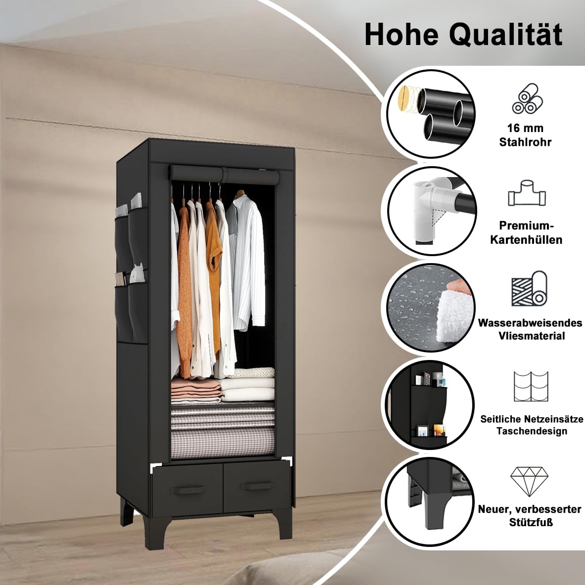 OPPAIYA Stoffschrank Stabil & Schmal 69cm, Faltbarer Kleiderschrank mit 2 Schubladen & 8 Seitentaschen, Kleiderständer Stabil mit Abdeckung, Campingschrank für Schlafzimmer, 69x45x160 cm Schwarz