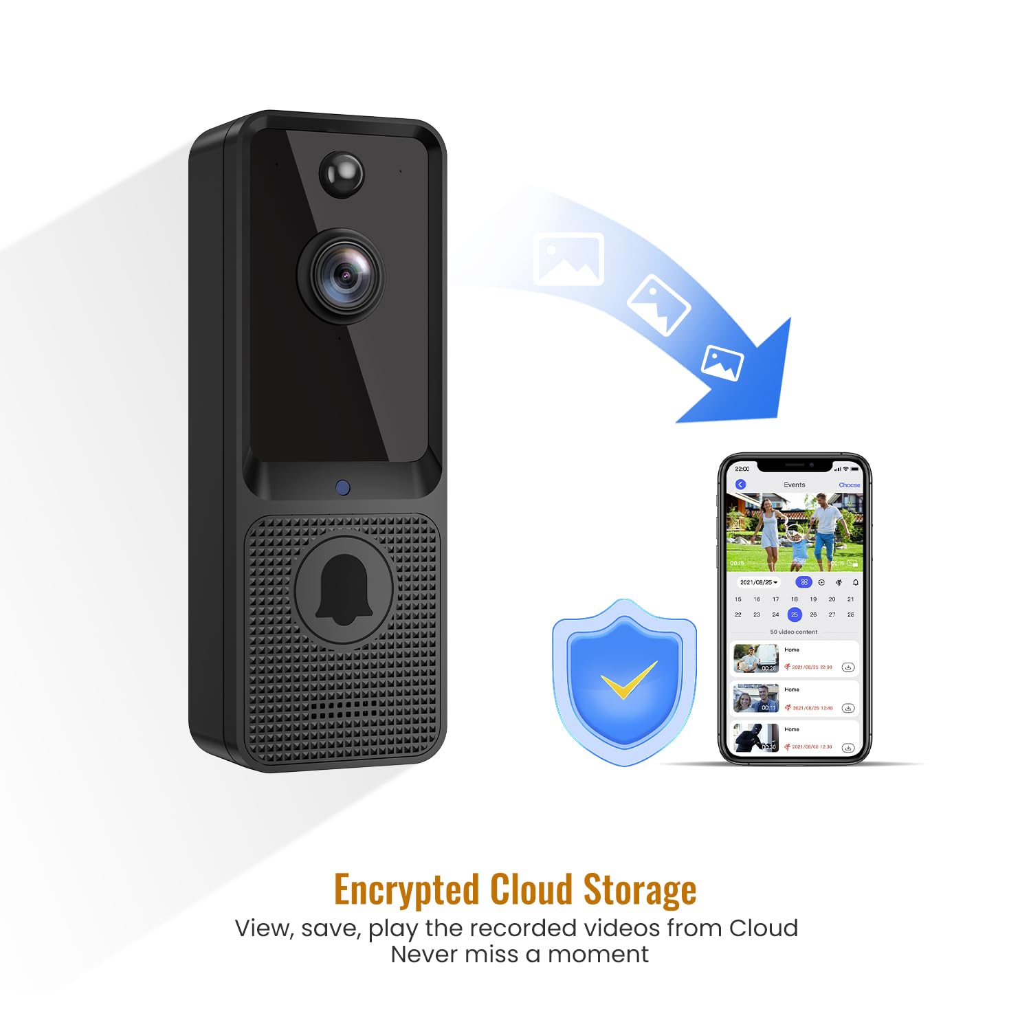 guggre Campanello video wireless con suoneria acustica, sicurezza migliorata con rilevamento umano AI, audio a 2 vie, visione notturna HD, archiviazione cloud AES-128, avvisi in tempo reale