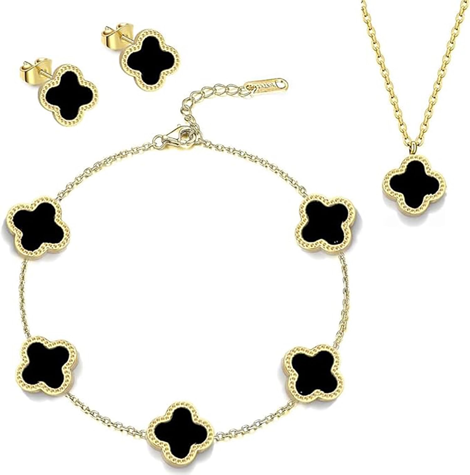 Luxury Fashion Jewelry Lucky Ladies Shell Four Leaf Clover necklace set Plated Stainless Steel jewellery (Gold-black)