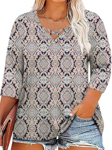 Chulianyouhuo Women's Plus Size Tops 3/4 Sleeve Criss Cross T Shirts V Neck Loose Fit Tee Tunic Casual Blouse 1X-5X