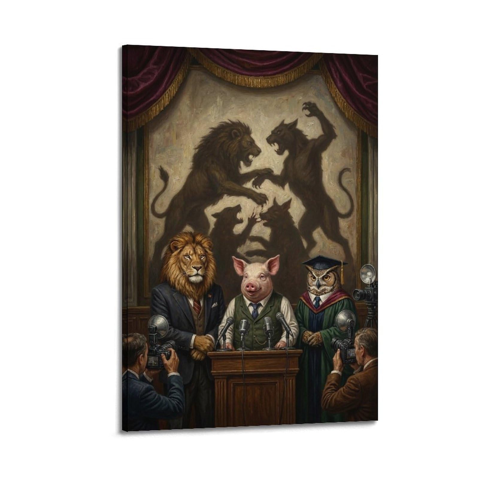 XKUGA Surreal Vintage Animal Poster Lion Pig Courtroom Power Satire Modern Decorative Canvas Prints - Ideal Wall Art for Family, Man Cave, Game Room, Boys & Girls Bedroom 12x18inch(30x45cm)