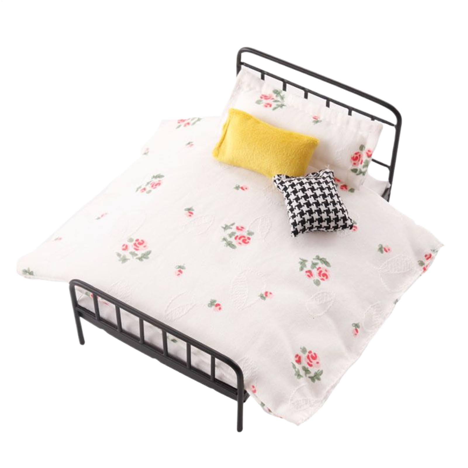 1:12 Doll House Miniature Furniture Iron Bed, Doll House Decorate Metal Bed with Fresh Style Beddings, Funky Mini Iron Furniture for Bedroom