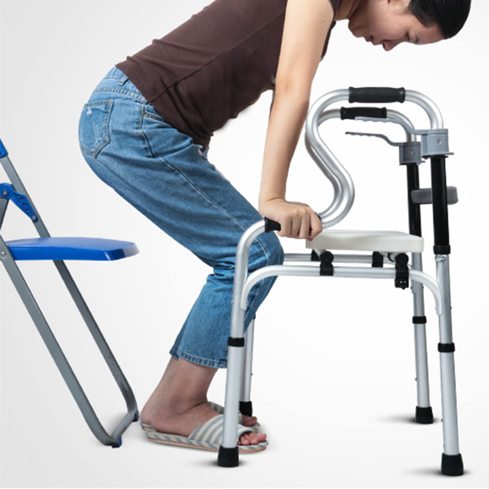 Cesta para Andador para Personas Mayores Plegable con Asiento, Cesta para Andador para Personas Mayores con Movilidad Plegable y Liviana, sin Ruedas, cestas para Andador médico de