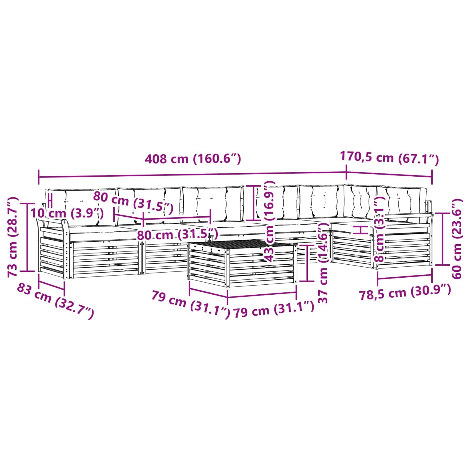 Outdoor-Gartenmöbelgarnitur mit Kissen 7-teilig aus massivem Akazienholz wetterfest für Terrasse Balkon und Garten, inklusive Tisch, Sofas, Sessel, Sitz- und Rückenkissen