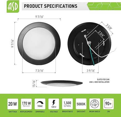 Miniatura 3 de ASD Luces LED de disco de 910 pulgadas  Luz diurna de 5000 K, 20 W 1500 LM CRI 90+  Luz de techo regulable de perfil bajo, accesorio de iluminación