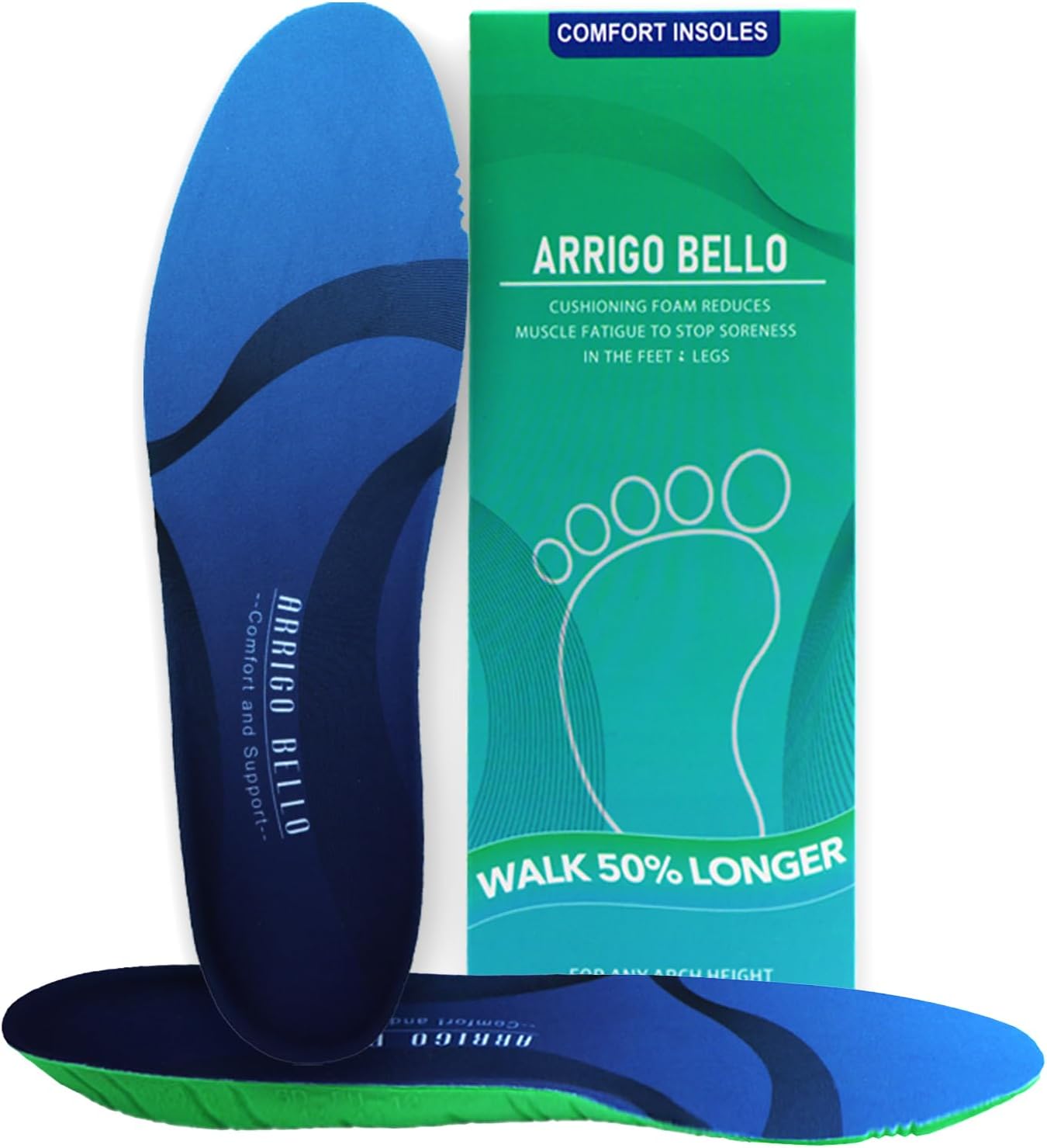 ARRIGO BELLO Insoles Men Women Walker Longer Comfortable Shoe Insert Cushioning Foam Without Muscle Fatigue Flexible Arch Support for Walking,Hiking,and Standing on Feet All-Day(Blue,XXL) Blue 2XL/Men 11-12/Women 12-13(306cm)