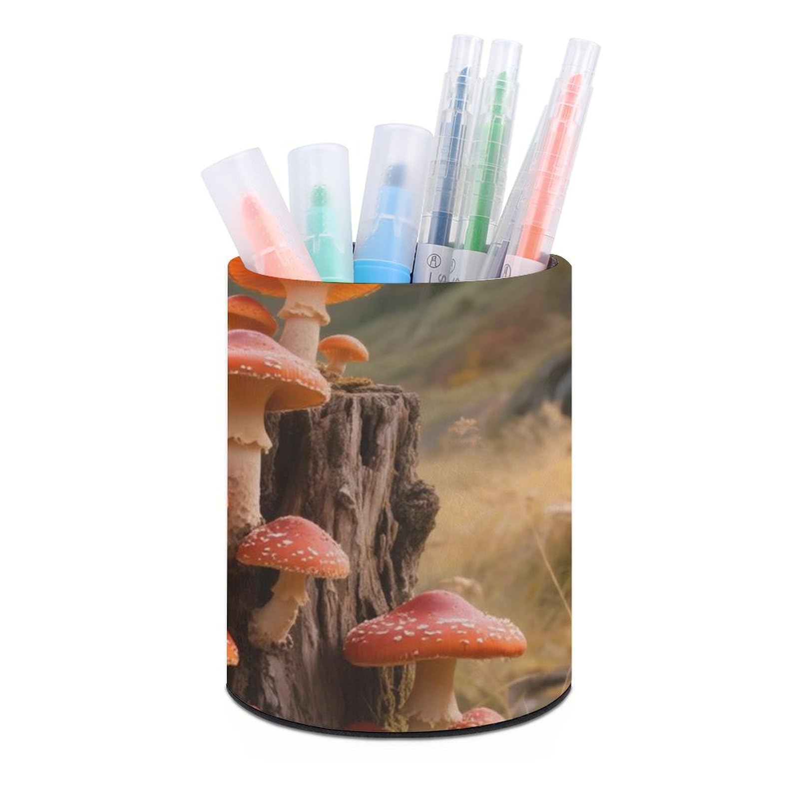 DWVTSLH Aesthetic Pen Holder for Desk - Modern Leather Pencil Holder - Stylish Round Makeup Brush Holder - Fall Mushroom Pen Cup Cute And Functional Desk Organizer for Office Supplies
