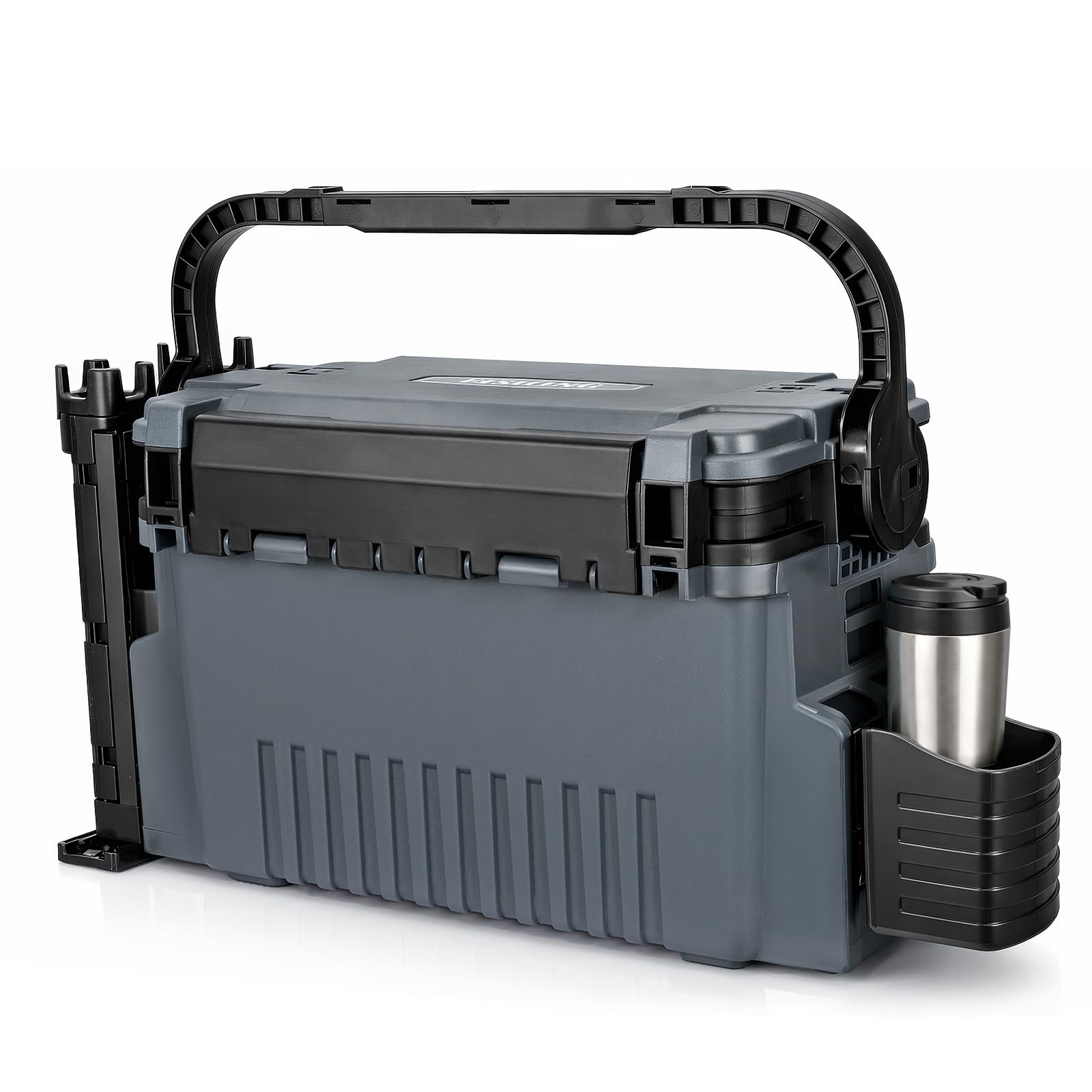 Fishing Tackle Box with 2 Rod Holders & 1 Cup Holder, Large Double-Layer Organizer with Adjustable Dividers, Portable Utility Storage Container For Carp/Sea/Boat/Kayak/Bank Lure Storage (Gray)