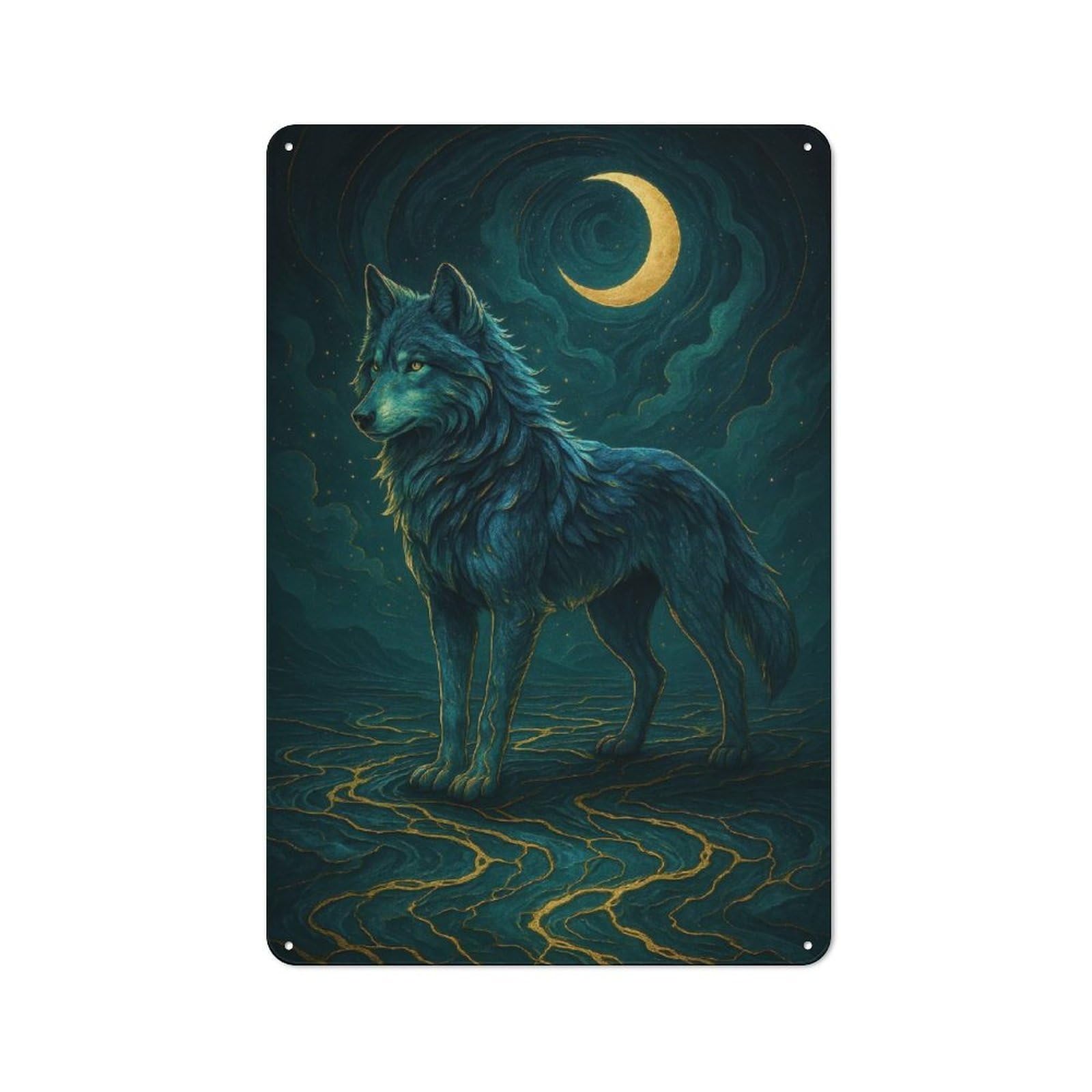 Junmoney Blue Wolf Under Crescent Moon Printed Metal Sign 30X20cm For Hobby Room Or Studio, For Creative Interior Collectors